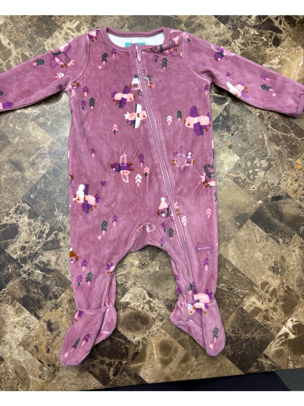 Souris mini Plush Purple Bird Print Pajama Footie 3-6 months